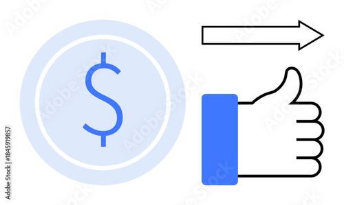 Financial success. Money symbol, thumbs-up gesture, and arrow icon progress toward financial success. Financial success ideas, goals, decisions, investments, growth