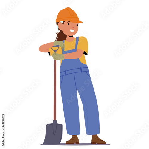 Pretty girl child cute builder cartoon character wearing hard hat and uniform standing with shovel