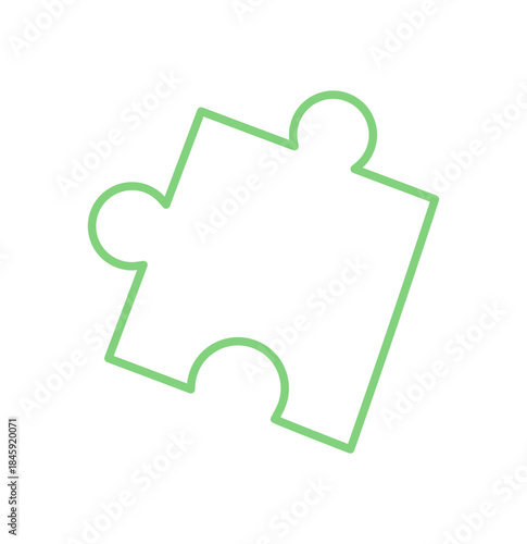 Flat outline of a green jigsaw piece. Simple puzzle shape with clear silhouette and modern look. Perfect for childhood game concepts, creative table activities, and boardgame themes, combining fun
