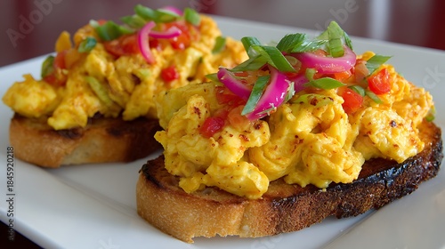 Close-up of two egg toast dishes topped with garnishes on a white plate