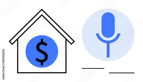 Financial planning, voice commands, smart home, audio technology, remote banking, digital assistance. A house with a dollar sign and a microphone icon. Financial planning and voice commands concept