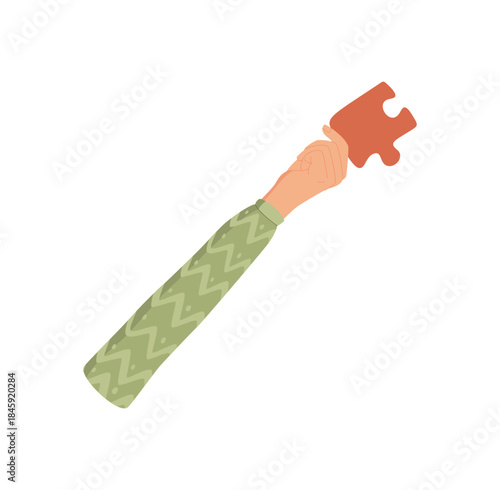 Flat raised hand holding a puzzle piece. Gesture symbolizes contribution and charity. Creative symbol of hope, support, and teamwork in abstract style, perfect for social concepts.
