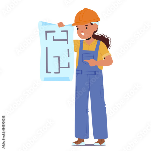Little girl engineer isolated cartoon character wearing hard hat and uniform reading blueprint