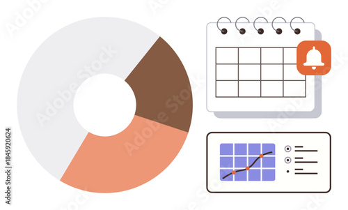 Pie chart with three segments, calendar with notification, and graph tracking growth trends. Ideal for project planning, data analysis, productivity, business management, marketing, scheduling