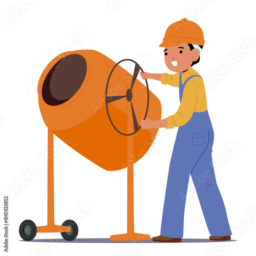Boy child builder in hard hat and uniform preparing building materials in manual concrete mixer