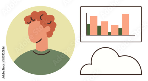 Curly-haired person, bar graph indicating data trends, and cloud symbolizing ideas or storage. Ideal for analytics, productivity, innovation, teamwork, success data storage business. Simple flat