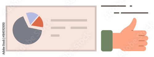 Pie chart with data breakdown, text lines, and a thumbs-up hand signifying approval and success. Ideal for data presentation, business review, project success, strategy, performance, feedback simple