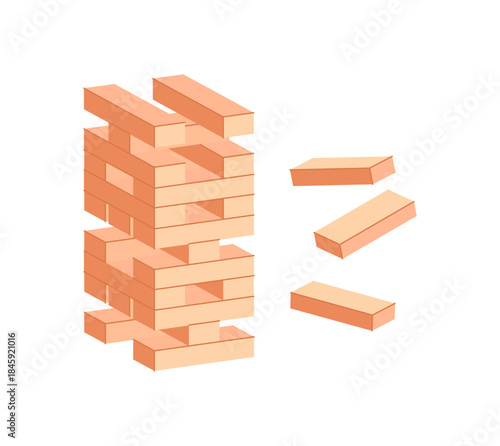 Playful wooden jenga boardgame setup on table. Wooden blocks create a fun and skill game for strategy lovers. Classic board game piece for family entertainment, tabletop activity, and indoor fun,