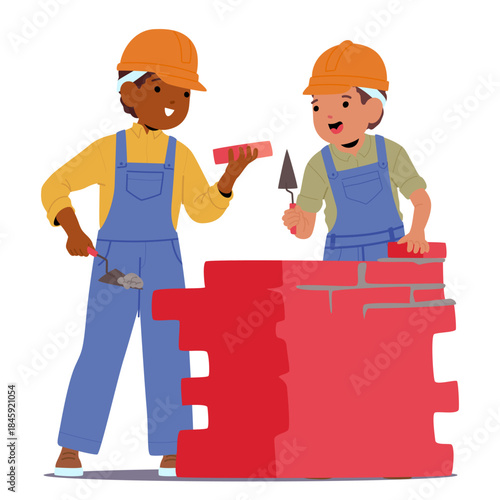 Two boys builders isolated cartoon children characters laying brick wall together with fun and joy