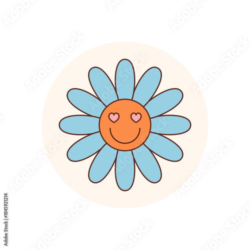 Groovy retro smiley flower in a flat circle creates a playful blue and orange sticker badge. Y2k patch label adds heart accent, ideal for package or lid use as cheerful label or package seal.