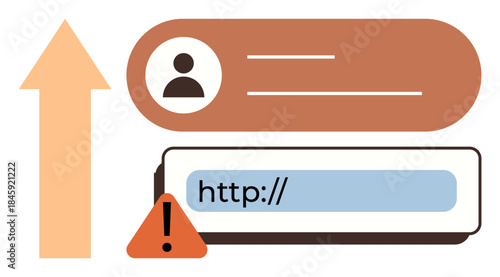 User profile icon, URL with red warning icon, and upward arrow indicating progress or error fixing. Ideal for cybersecurity, data validation, error warnings, user actions, troubleshooting, updates