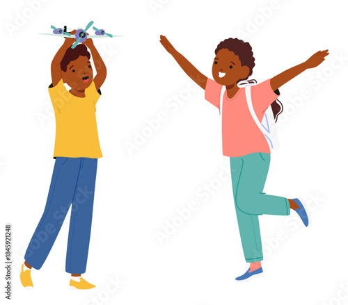 Cute schoolchildren diverse cartoon characters enjoying play with airplanes imagining being pilots