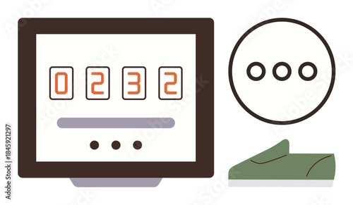 Digital counter with orange numbers on screen, green sneaker icon signifying steps, and loading dots. Ideal for fitness tracking, app UI, wearables, technology, health goals, productivity digital