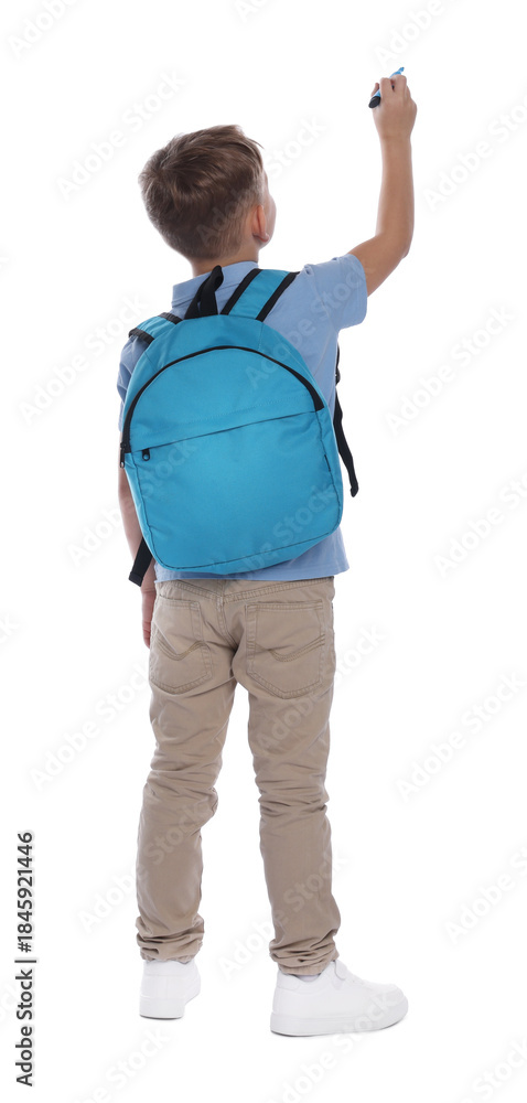 Naklejka premium Child drawing something with marker on white background, back view