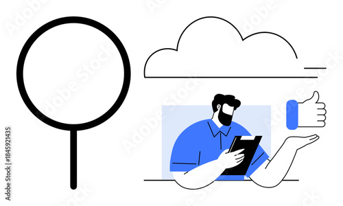 Online reviews, quality assurance, cloud computing, feedback system, user interaction, digital communication. A person holding a tablet with a cloud and thumbs-up icon. Online reviews and quality