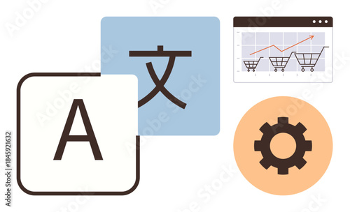 Alphabet and foreign character visuals beside chart with shopping carts and gear icon. Ideal for translation, e-commerce analytics, localization, globalization, software development, digital