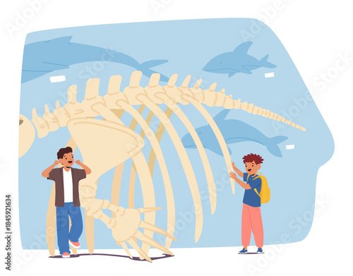 Curious little schoolchildren characters enjoying guided tour to oceanographic museum cartoon scene
