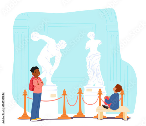 Little boys schoolchildren visiting history museum viewing educational excursions cartoon scene