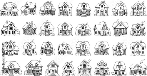 A large collection of hand-drawn house sketches, featuring various architectural styles in a black and white line art design.