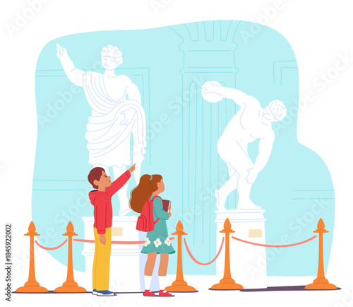 Boy and girl schoolchildren observing historical sculpture while visiting history museum scene