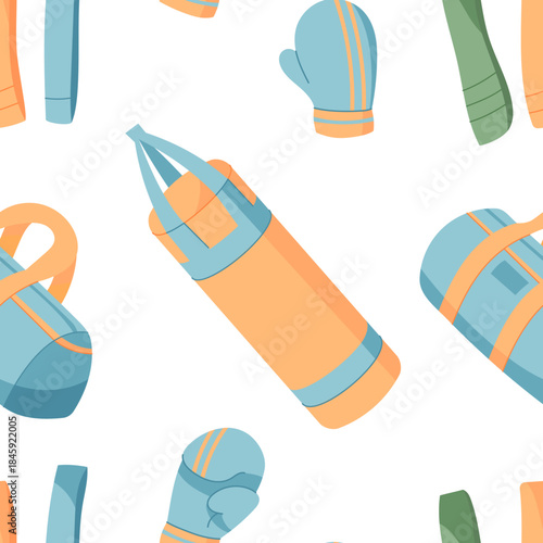 Seamless flat pattern of gym equipment for fitness and workout. Gloves, bags, and accessories for exercise training. Stylish sport decor wallpaper, fabric, or textile.