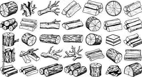 Hand-Drawn Collection of Various Wood Logs and Firewood Stacks