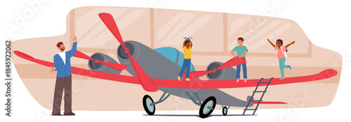 School teacher guiding children at museum of aviation with ancient aircraft exhibits cartoon scene