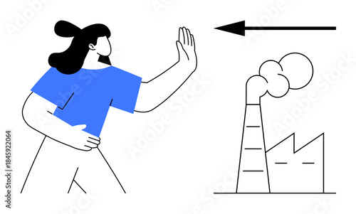Environmental awareness. Woman gesturing to stop pollution from a factory. Environmental awareness s air quality, eco-consciousness, and climate action. For sustainability, activism, education