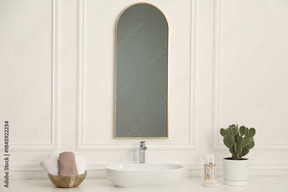 Fototapeta premium Stylish mirror, vessel sink and houseplant in bathroom. Interior design