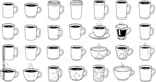 Vector Line Art Collection of Coffee Cups and Mugs. Set of Various Hand-Drawn Hot Beverage Containers, Including Classic Mugs, Travel Cups, and Espresso Glasses for Tea or Coffee.