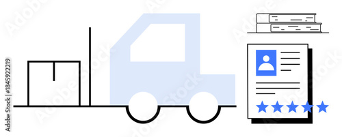 Truck with package, document featuring a customer feedback rating, and stacked books representing logistics, inventory management, customer satisfaction, supply chain, education, and e-commerce