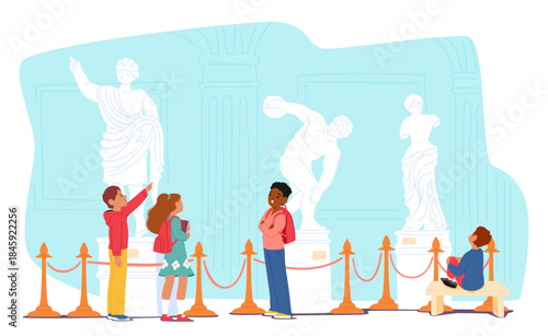 School kids visiting museum with antique sculpture exhibit enjoying educational excursions scene