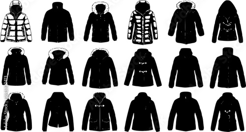 Black and White Vector Icons of Winter Jackets and Coats, Fashion Apparel Collection