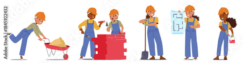Children builders characters providing different stages of construction work isolated set on white