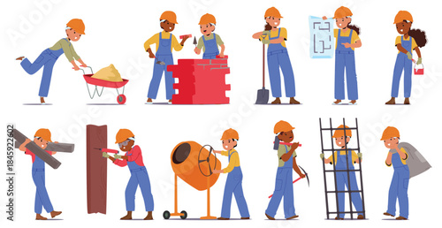 Cute children builders carton characters wearing workwear enjoying construction and building set