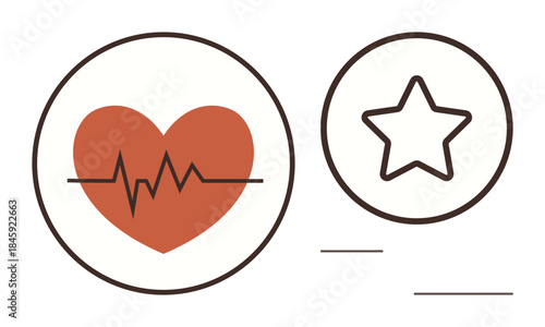 Red heart with heartbeat line and outlined star in circular frames. Ideal for health, wellness, fitness, achievement, recognition, motivation, healthcare. Simple flat metaphor