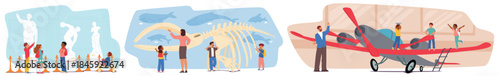 Teachers guiding school kids at excursion in museums and art galleries isolated cartoon scene set