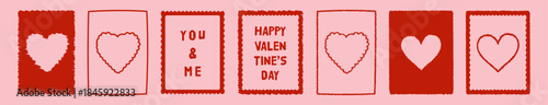 Pink and red love frame heart set, Valentine day border, hand-drawn vector romantic postcard design.Holiday February background decoration,wedding invitation letter print.Cute love frame creative art