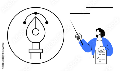Pen tool inside a circle for design, person pointing at lines with a stick while holding a document. Ideal for graphic design, presentations, creativity, planning, education, teamwork, innovation