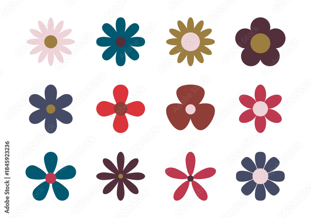 Fototapeta premium Chamomile. Colorful daisy round flower set. Camomile icon collection. Isolated on background. Flat design. Vector illustration. Summer chamomile flower