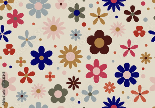 Seamless pattern of spring colorful flower elements. Fun doodle flower texture background pattern with childish style