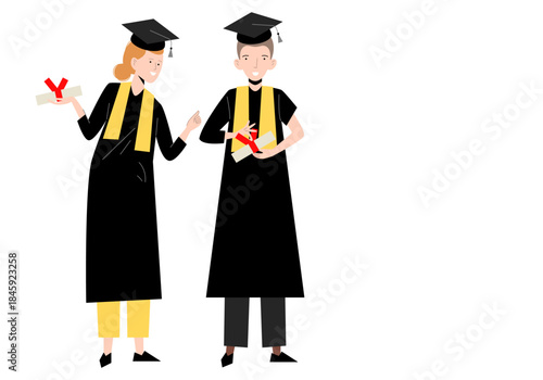 Graduates in square academic cap and gowns. Group of graduate students at graduation ceremony. Cheerful graduates celebrate