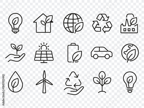 Eco Friendly Related Thin Line Icon Set in Minimal Style: Environmental Sustainability Symbols & Linear Ecology Icons 