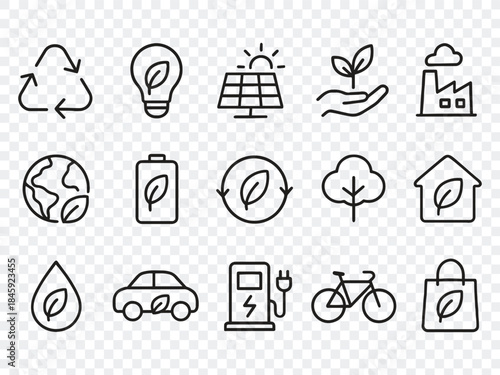 Eco Friendly Related Thin Line Icon Set in Minimal Style: Environmental Sustainability Symbols & Linear Ecology Icons 