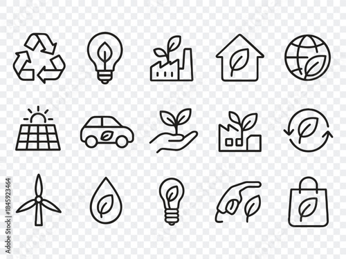 Eco Friendly Related Thin Line Icon Set in Minimal Style: Environmental Sustainability Symbols & Linear Ecology Icons 