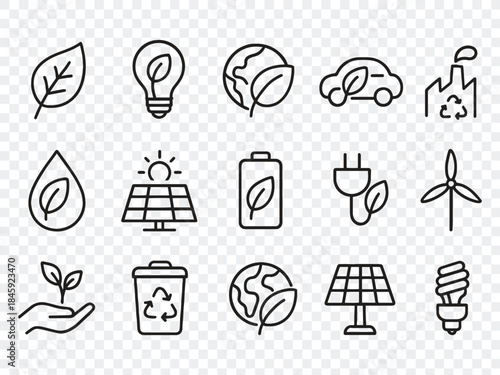 Eco Friendly Related Thin Line Icon Set in Minimal Style: Environmental Sustainability Symbols & Linear Ecology Icons 