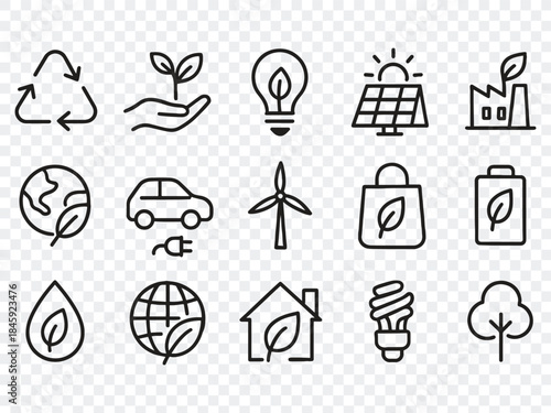 Eco Friendly Related Thin Line Icon Set in Minimal Style: Environmental Sustainability Symbols & Linear Ecology Icons 