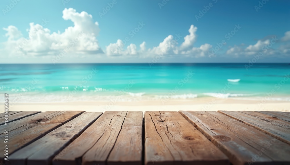 Obraz premium Empty wooden table on tropical beach overlooking ocean. Bright sunny day with clear blue sky and soft clouds. Perfect backdrop for summer product shots.