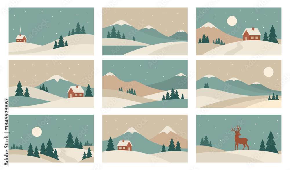 Fototapeta premium Minimalistic winter landscape set. Vector illustrations in Scandinavian style.