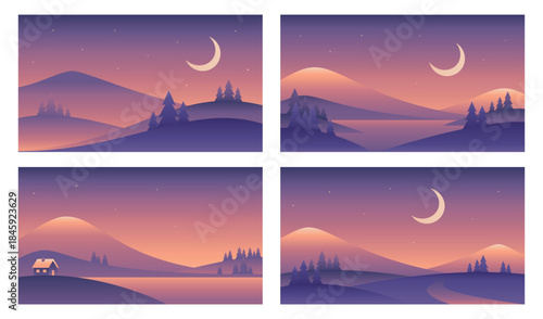 Minimalistic night landscape set. Vector gradient illustrations in purple colors in Nordic style